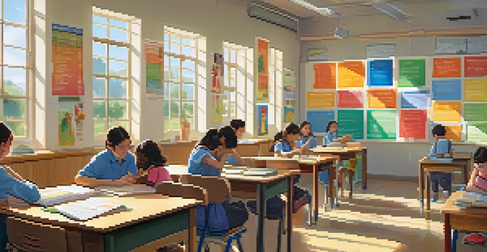 A peaceful classroom with a thoughtful teacher and engaged students, illuminated by sunlight, creating a warm and inviting atmosphere.