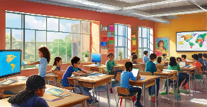 A vibrant classroom with students of various backgrounds using technology for learning, showcasing digital literacy.