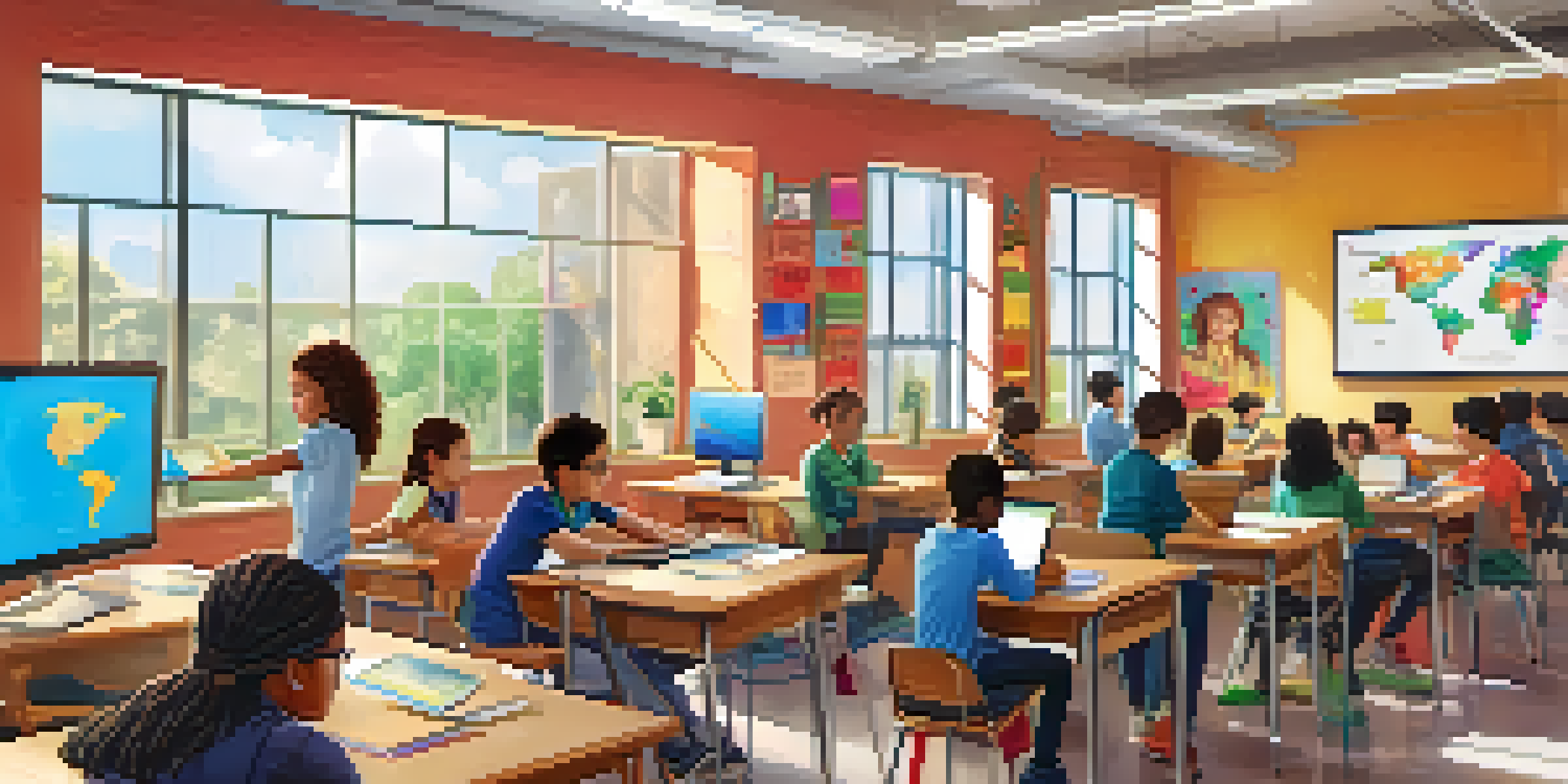 A vibrant classroom with students of various backgrounds using technology for learning, showcasing digital literacy.