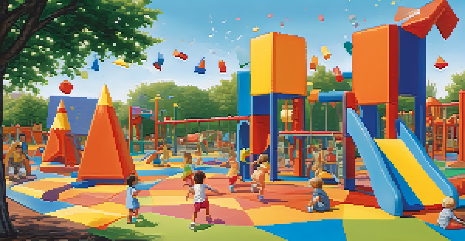 Children playing with colorful foam geometric shapes in a bright playground.