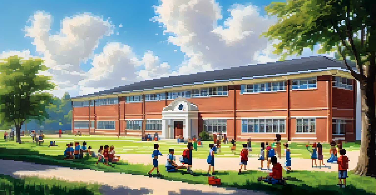 A rural school with children playing outside in green fields, under a clear blue sky, creating a sense of community and joy.