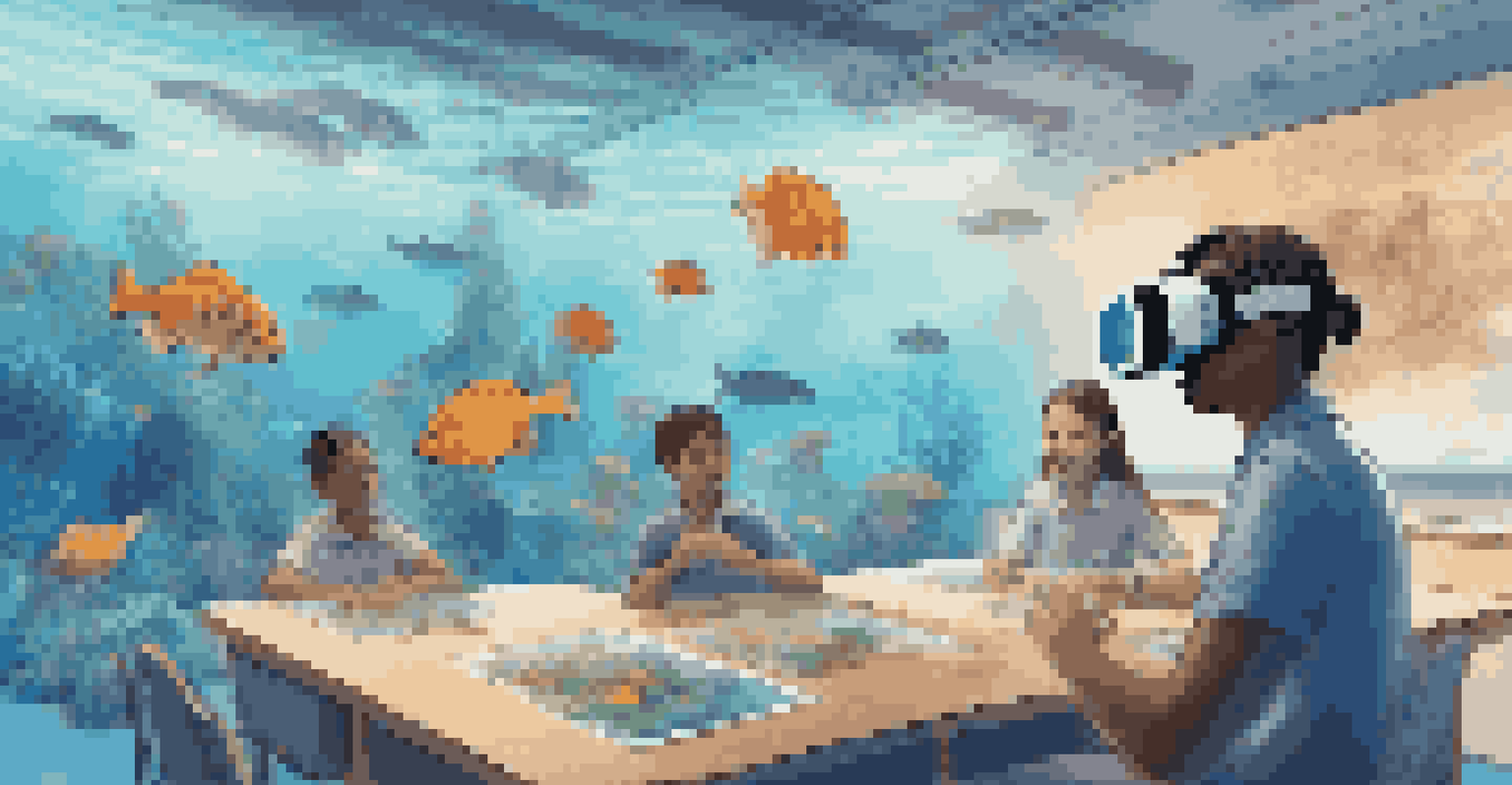 A teacher assisting students in a virtual underwater exploration, with vibrant marine life and a cozy classroom environment.