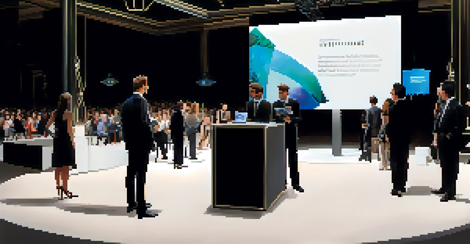 A showcase event with a podium and digital screen displaying a portfolio, attendees in formal wear engaging in conversation in a well-lit venue.