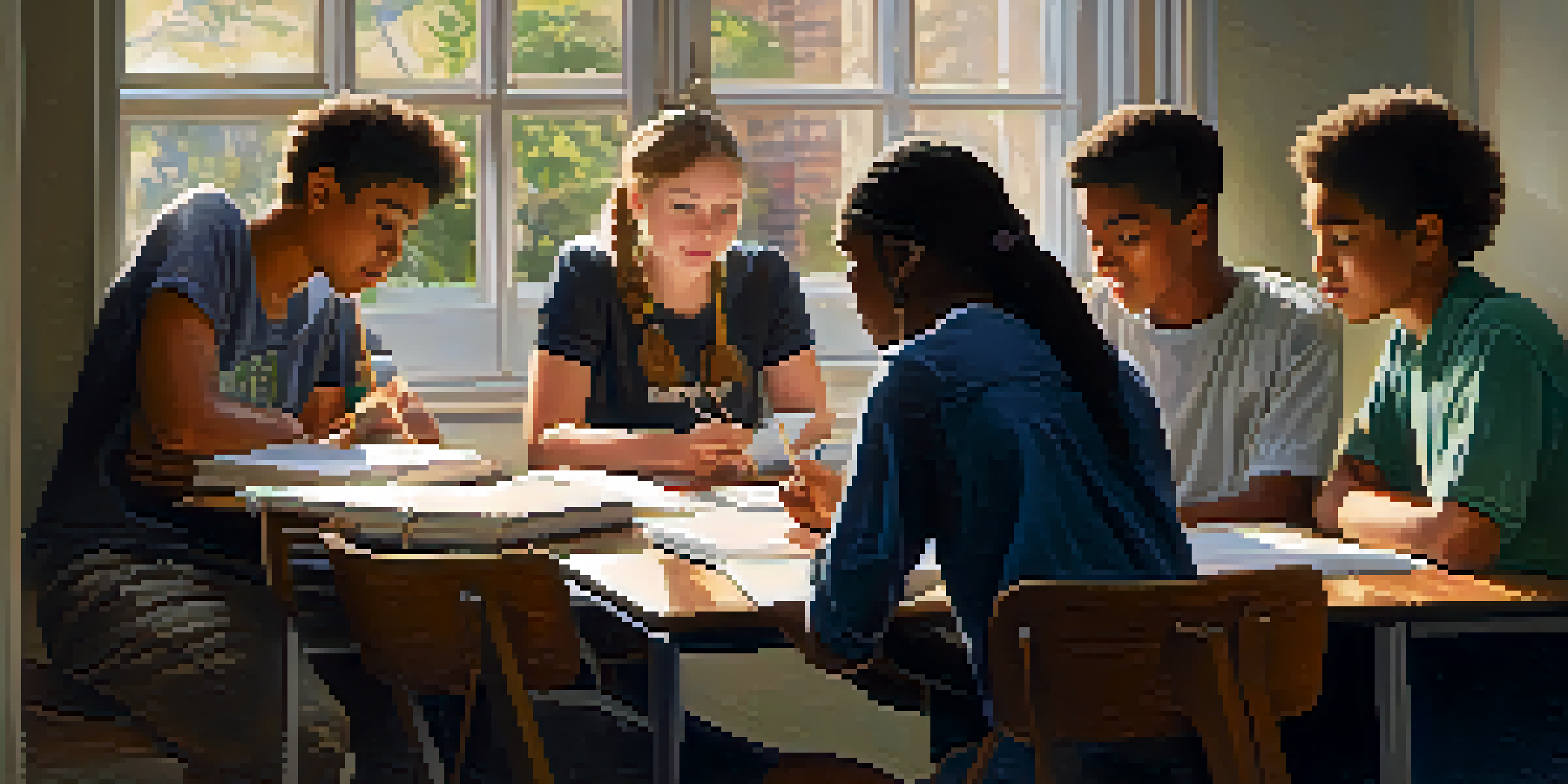 A diverse group of students collaborating at a table, sharing notes and studying together with books and laptops.