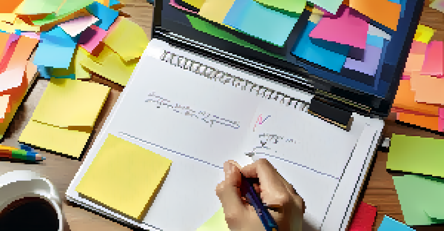 A person's hand writing in a notebook, surrounded by colorful sticky notes and a laptop, symbolizing the process of setting goals in self-directed learning.