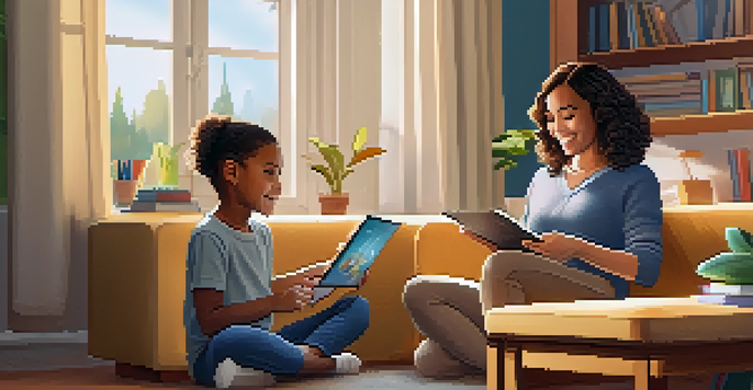 A parent and child engaging with a tablet in a cozy living room filled with books and educational materials.