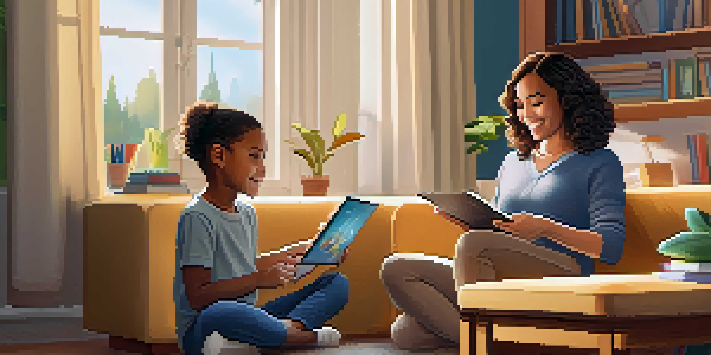 A parent and child engaging with a tablet in a cozy living room filled with books and educational materials.