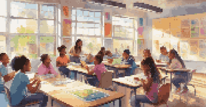 A lively classroom with diverse students using tablets and laptops, collaborating and engaging in learning activities under bright sunlight.