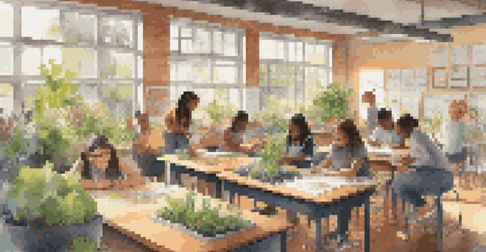 A diverse group of students collaborating on a sustainable garden project in a bright classroom, surrounded by plants and educational materials.