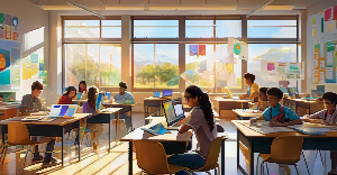 A bright classroom filled with diverse students working on a collaborative project using technology, with warm sunlight filtering through windows.