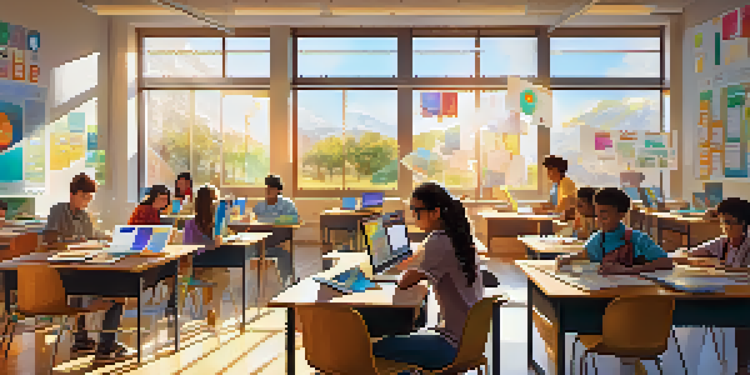 A bright classroom filled with diverse students working on a collaborative project using technology, with warm sunlight filtering through windows.