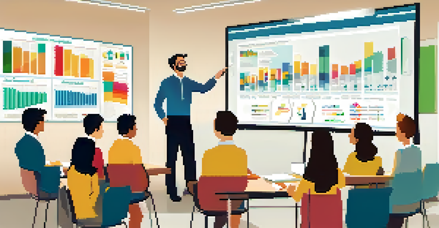An educator presenting data on a whiteboard to colleagues in a classroom filled with educational materials and a projector displaying an infographic.