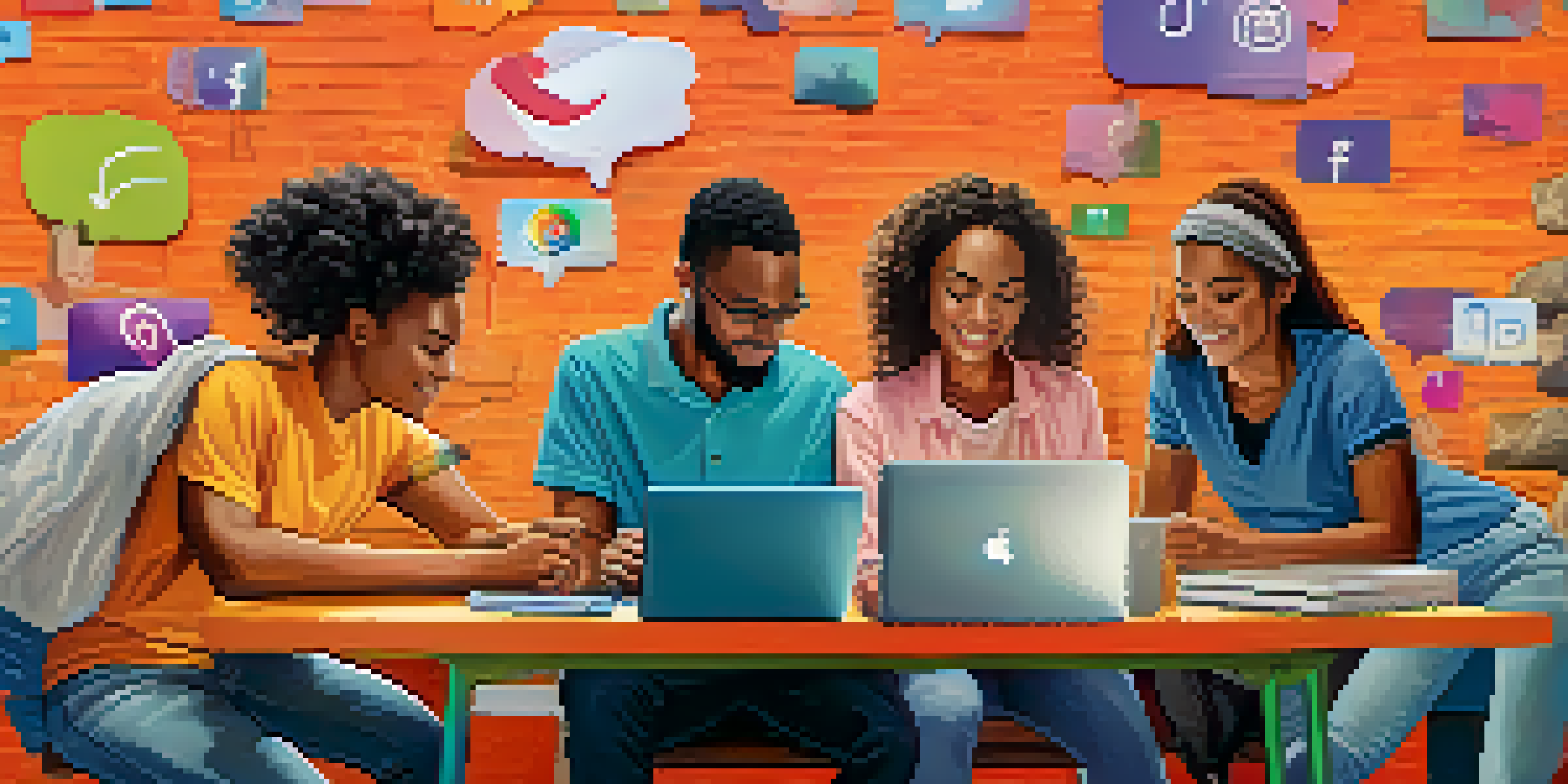A diverse group of people actively participating in online activism, using laptops and smartphones in a warm, colorful setting.