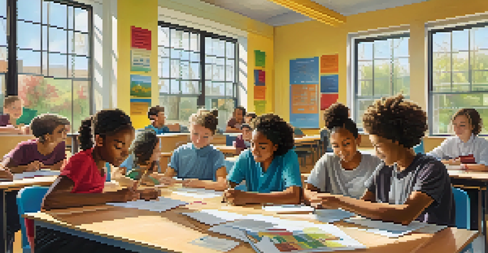 A group of diverse students working together at a table in a bright classroom, sharing ideas and materials.