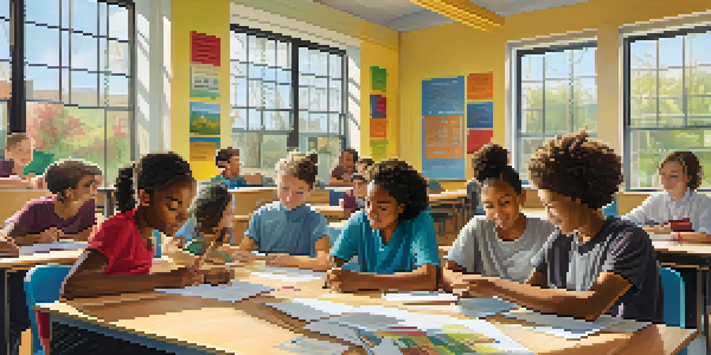 A group of diverse students working together at a table in a bright classroom, sharing ideas and materials.