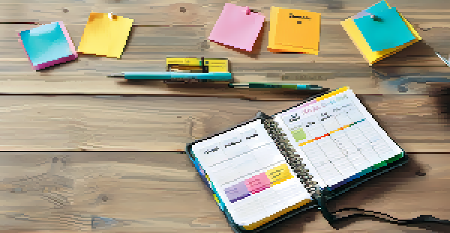 A close-up of an open planner with a weekly schedule filled with tasks and colorful sticky notes, set on a wooden table.