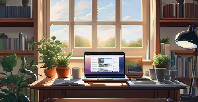 A warm and inviting home office with a laptop playing a podcast, a cup of coffee, and shelves of books.