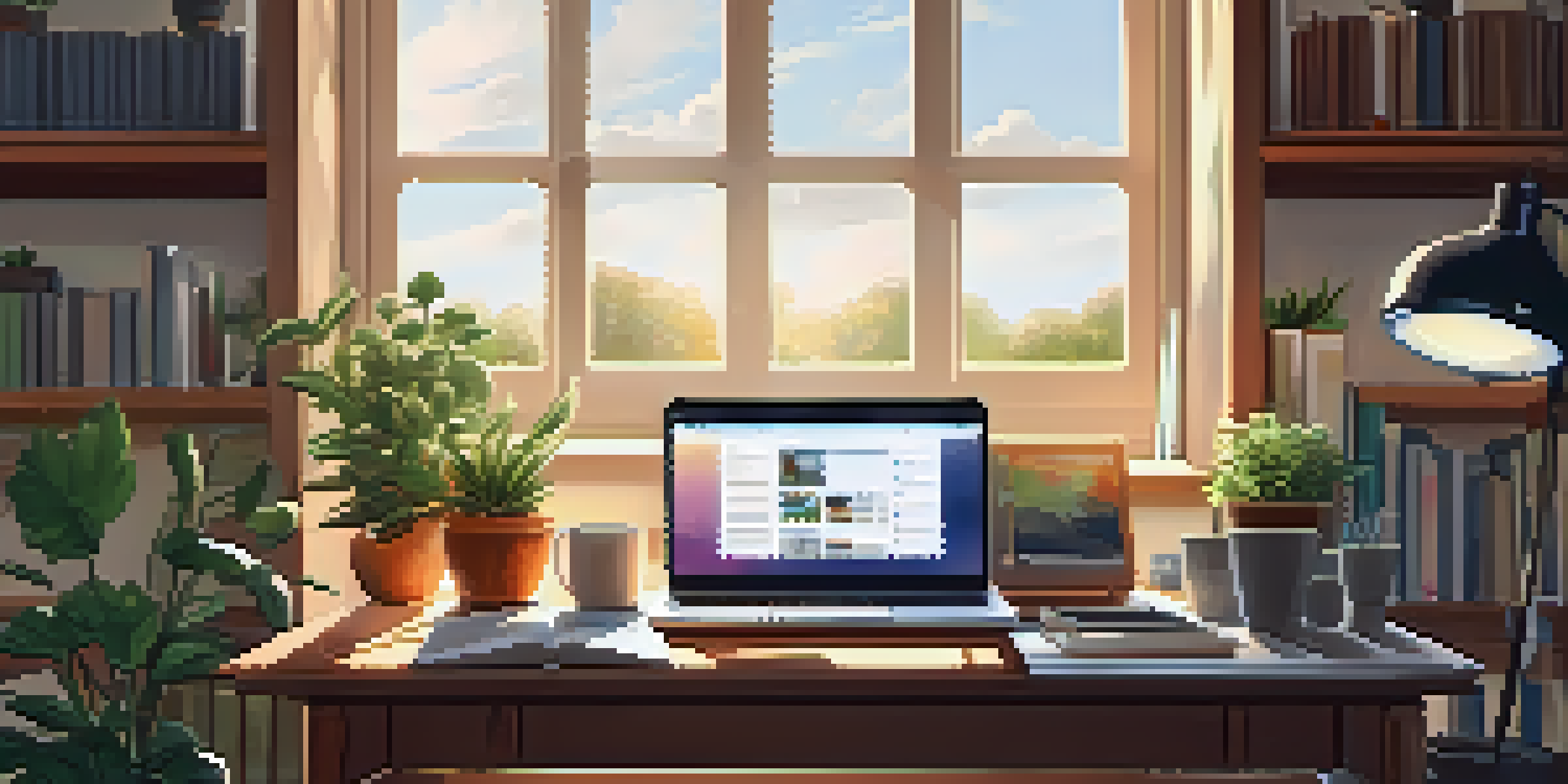 A warm and inviting home office with a laptop playing a podcast, a cup of coffee, and shelves of books.