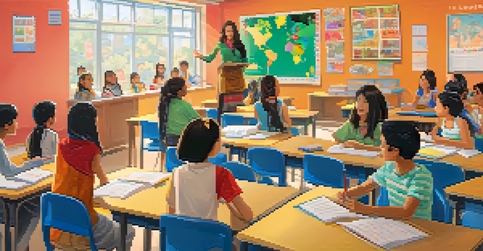 A lively classroom where students are learning a new language, with colorful educational posters and a teacher presenting a video.