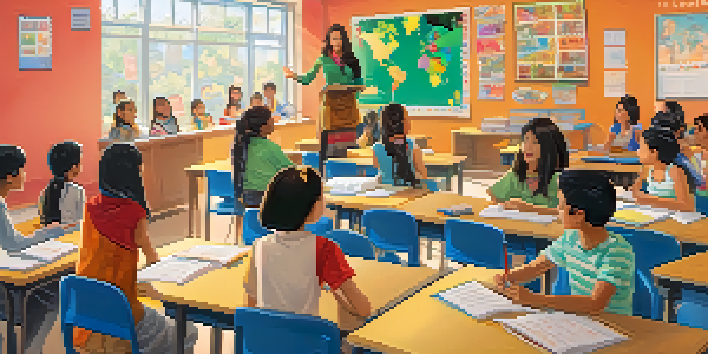 A lively classroom where students are learning a new language, with colorful educational posters and a teacher presenting a video.