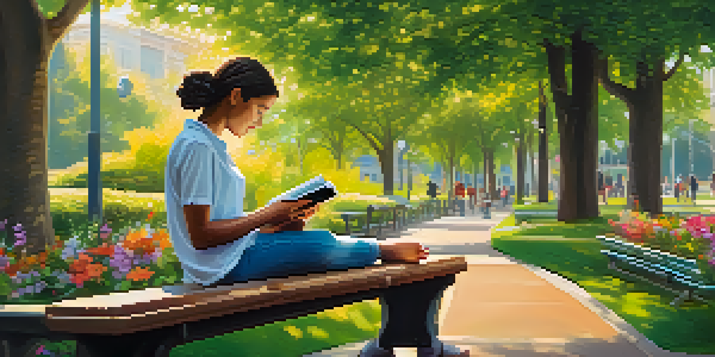 A person studying on a park bench with a smartphone, surrounded by greenery and flowers, symbolizing mobile learning.