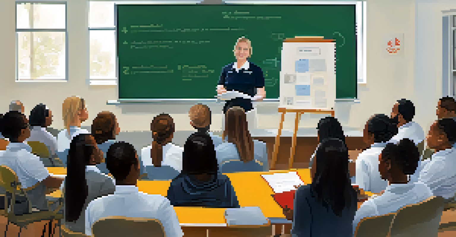 A diverse group of teachers in a training session, listening intently to a trainer, with flip charts in the background.