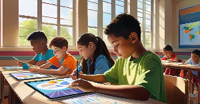 A colorful classroom where diverse students are focused on digital tablets, engaged in a learning activity, with sunlight filtering through the windows.