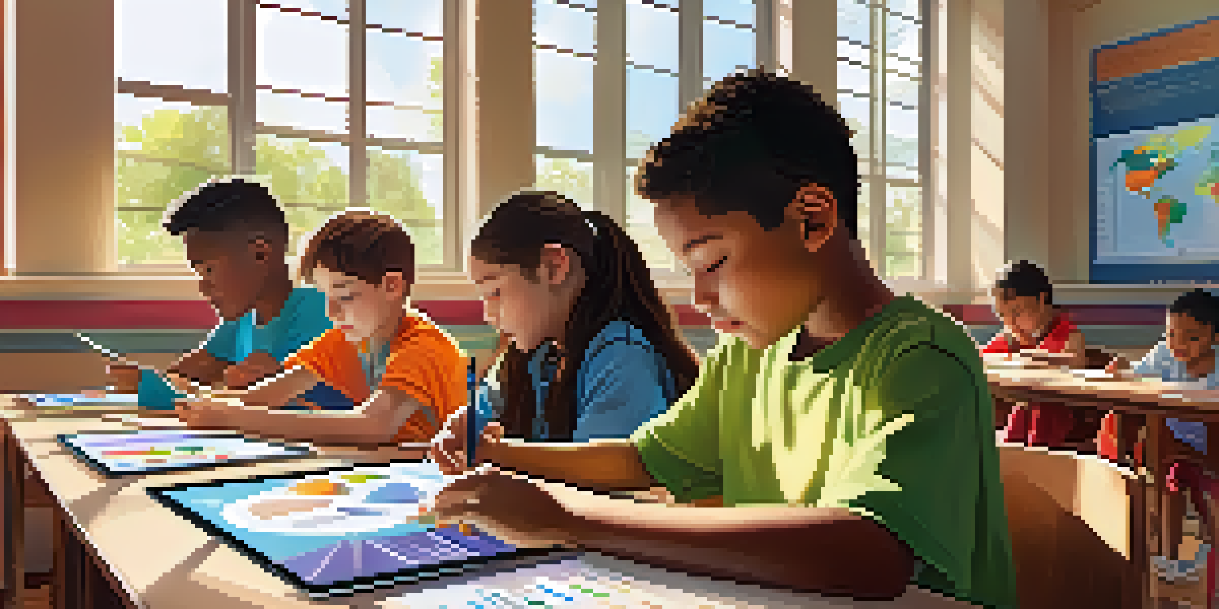 A colorful classroom where diverse students are focused on digital tablets, engaged in a learning activity, with sunlight filtering through the windows.
