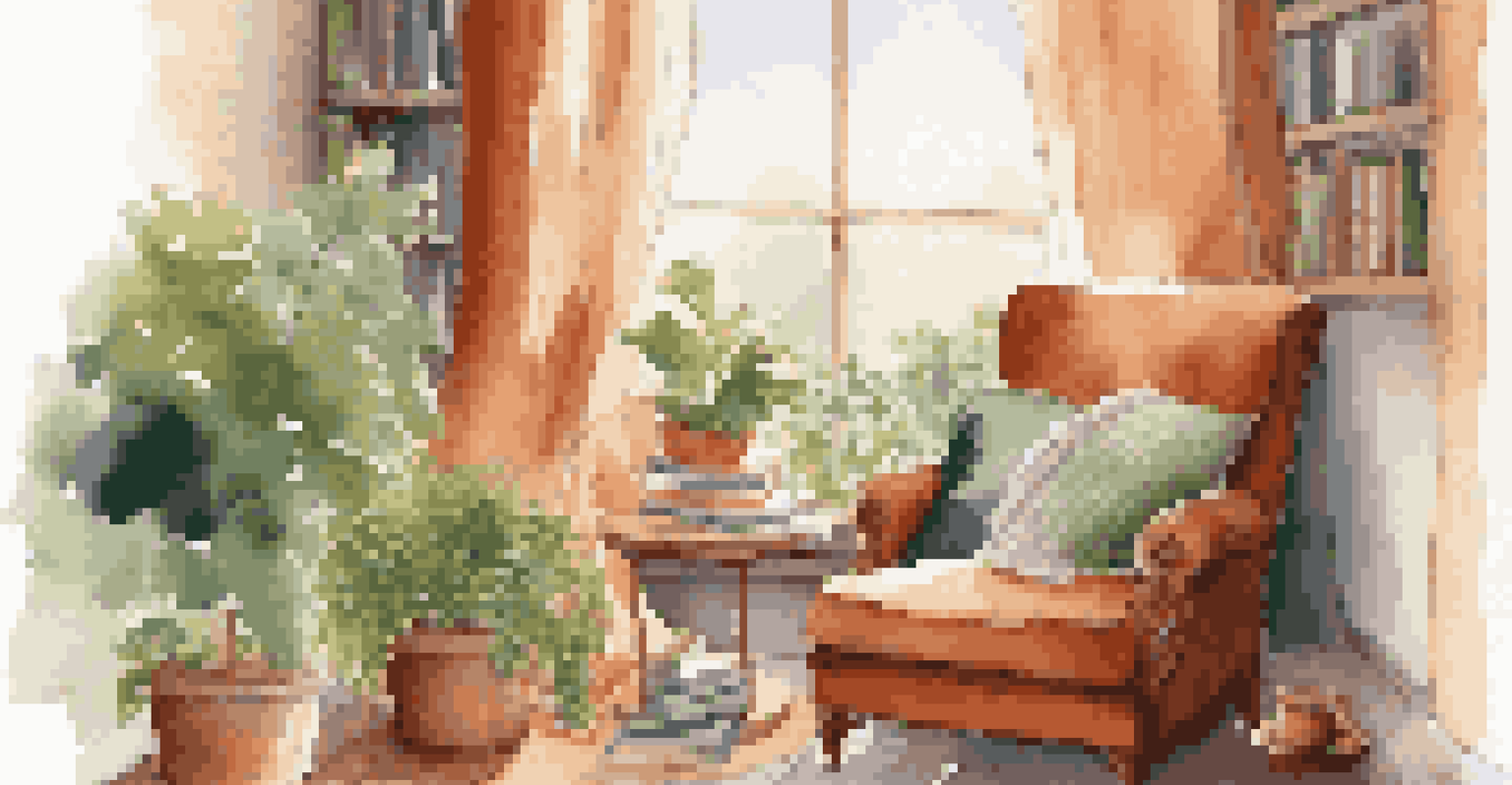 A cozy reading nook with an armchair, a cup of tea, and sunlight streaming through a window.