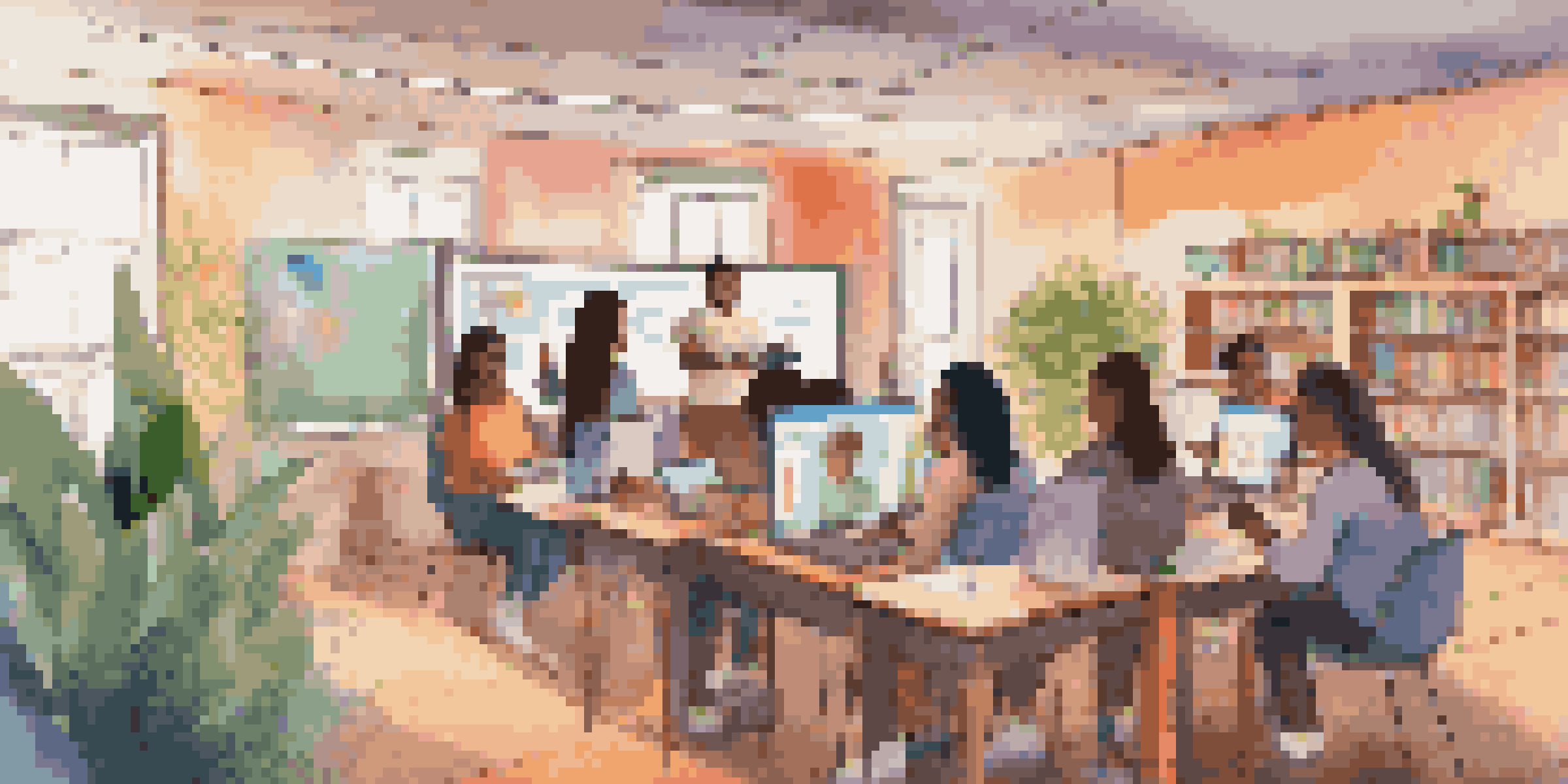 A digital classroom with diverse students actively participating in a virtual discussion, surrounded by colorful digital tools and a cozy study atmosphere.