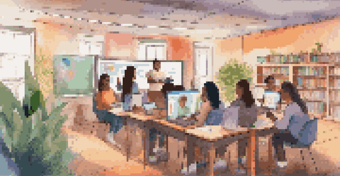 A digital classroom with diverse students actively participating in a virtual discussion, surrounded by colorful digital tools and a cozy study atmosphere.