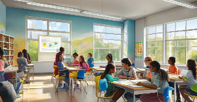 A colorful classroom with diverse students working together on learning activities, surrounded by educational materials and technology.