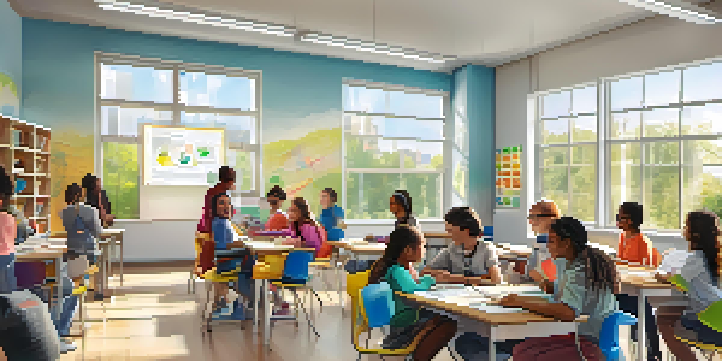 A colorful classroom with diverse students working together on learning activities, surrounded by educational materials and technology.