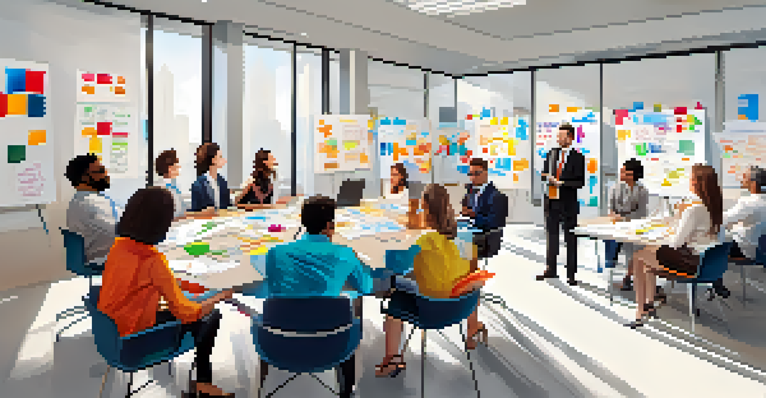 A modern office training session with a mentor guiding employees in a collaborative activity, filled with natural light and engaging decor.