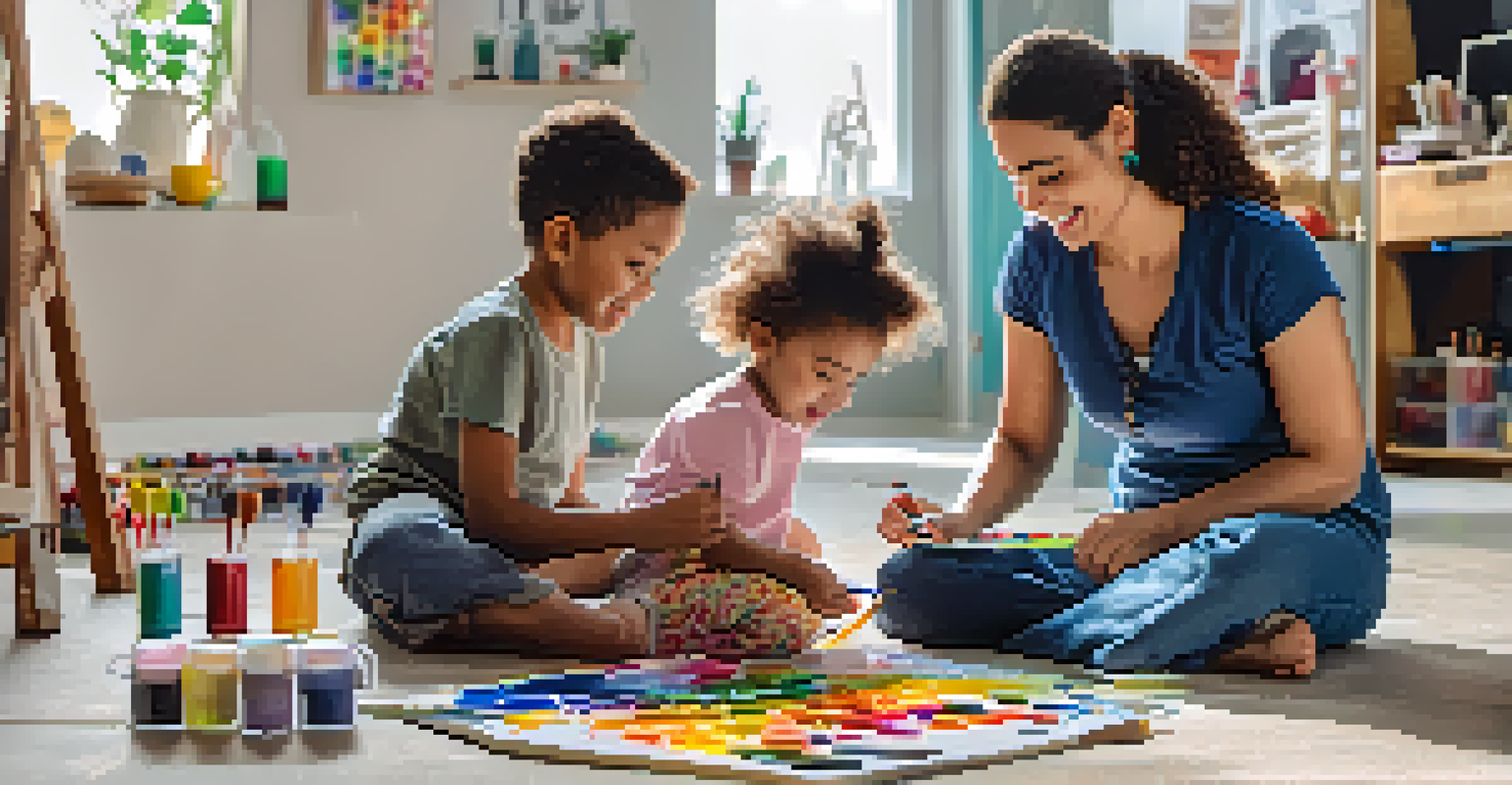 An adult and child happily creating art together on the floor surrounded by vibrant art supplies.