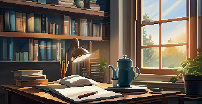 A wooden desk with an open laptop, books, a steaming cup of coffee, and a potted plant in a cozy home study area with soft morning light coming through the window.