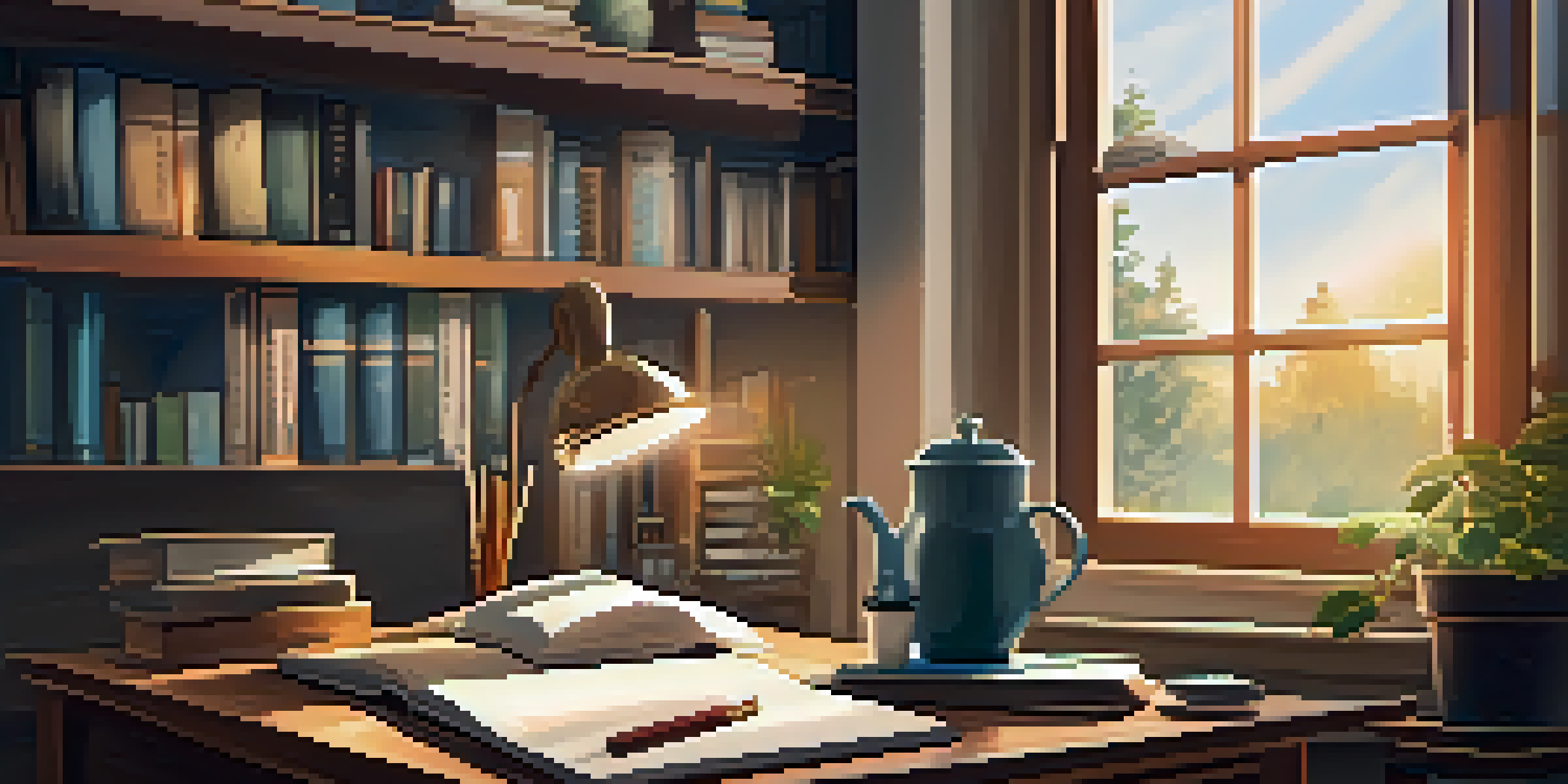 A wooden desk with an open laptop, books, a steaming cup of coffee, and a potted plant in a cozy home study area with soft morning light coming through the window.