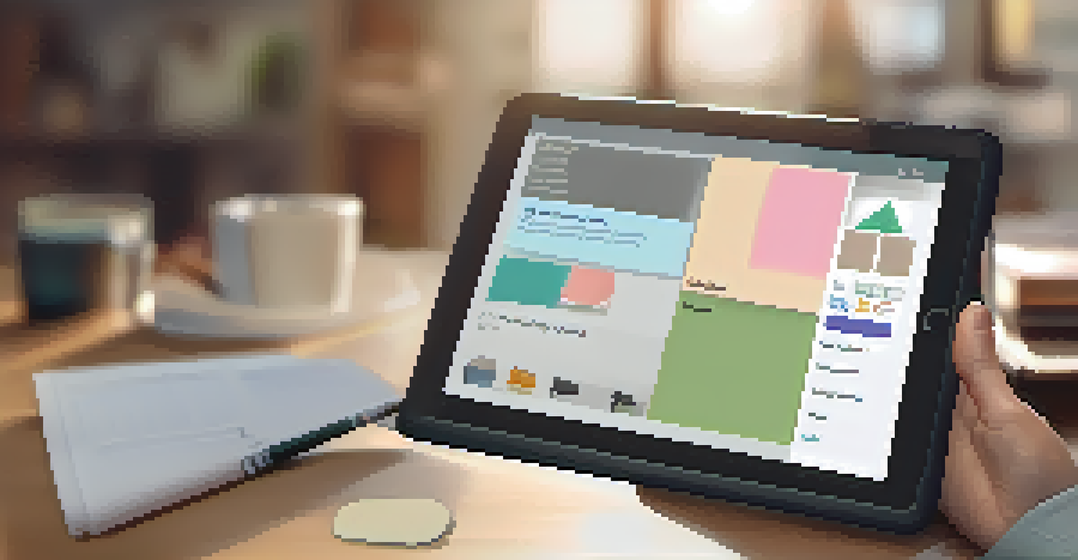 Close-up of a teacher holding a tablet displaying a digital course, with a cozy workspace in the background.