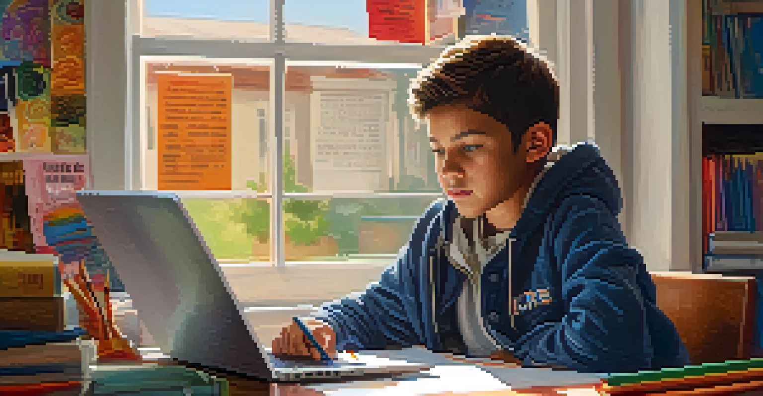 A young student intently using a laptop at home, in a cozy and well-lit room filled with educational materials.