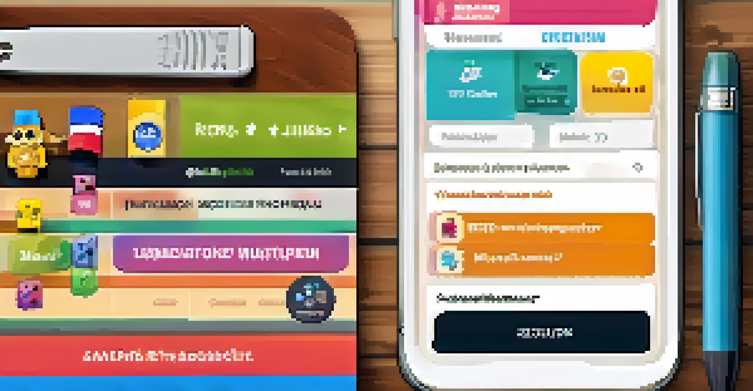A close-up of a smartphone showing a gamified learning app with badges and scores, with a smiling student blurred in the background.