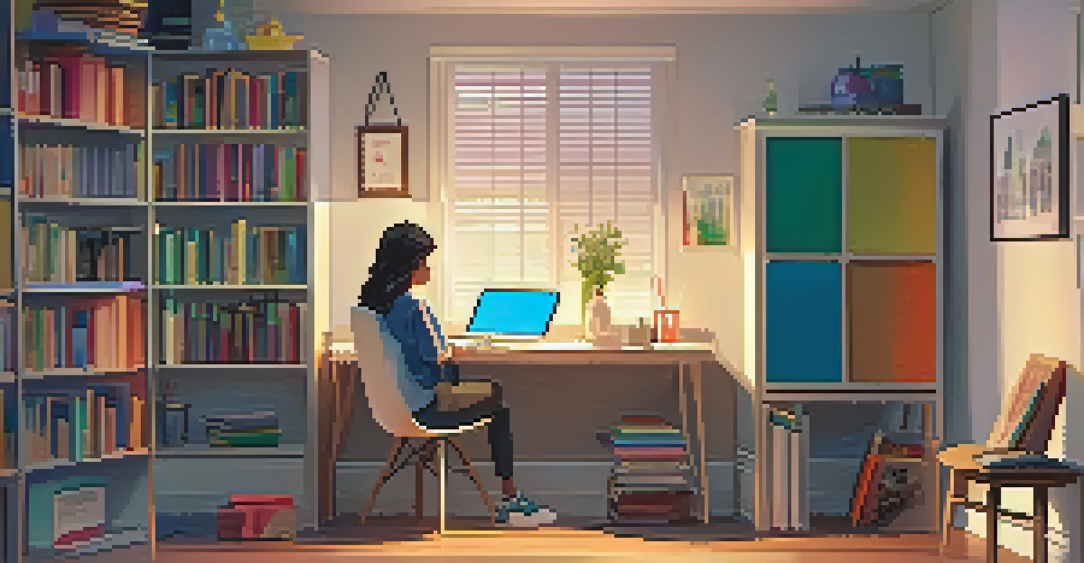 A student sitting in a cozy home study space, watching an educational video on a laptop surrounded by books.
