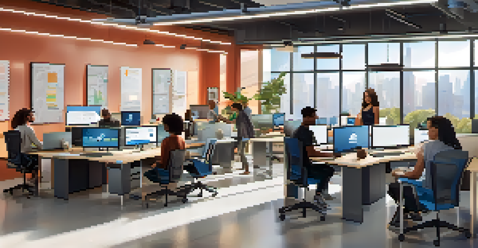 A modern digital workspace with diverse individuals working together on computers, showcasing accessible design elements and a bright, inviting atmosphere.