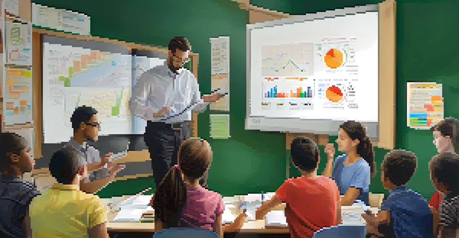 A collage showing a teacher reviewing feedback on a tablet and students discussing in groups, with educational charts in the background.