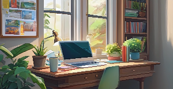 A child studying at a wooden desk with a laptop, surrounded by books, in a cozy room filled with natural light.