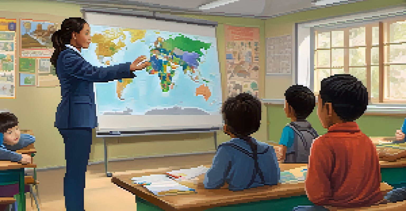 An enthusiastic educator teaching a diverse group of students, using visual aids and surrounded by cultural artifacts in a colorful classroom.
