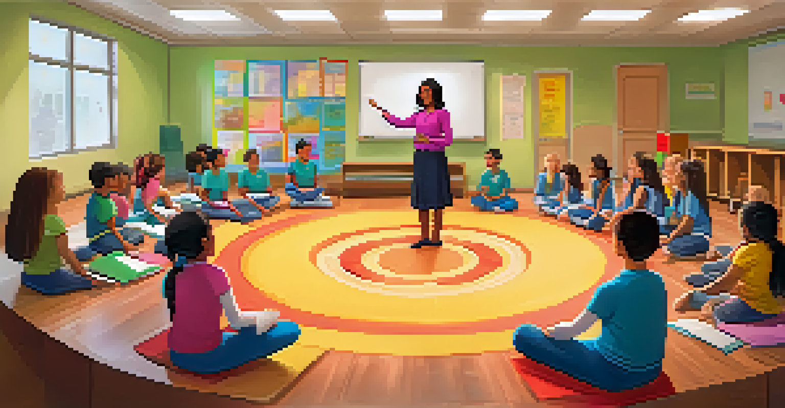 A teacher guiding a mindfulness exercise with students seated in a semi-circle in a colorful and inviting classroom.