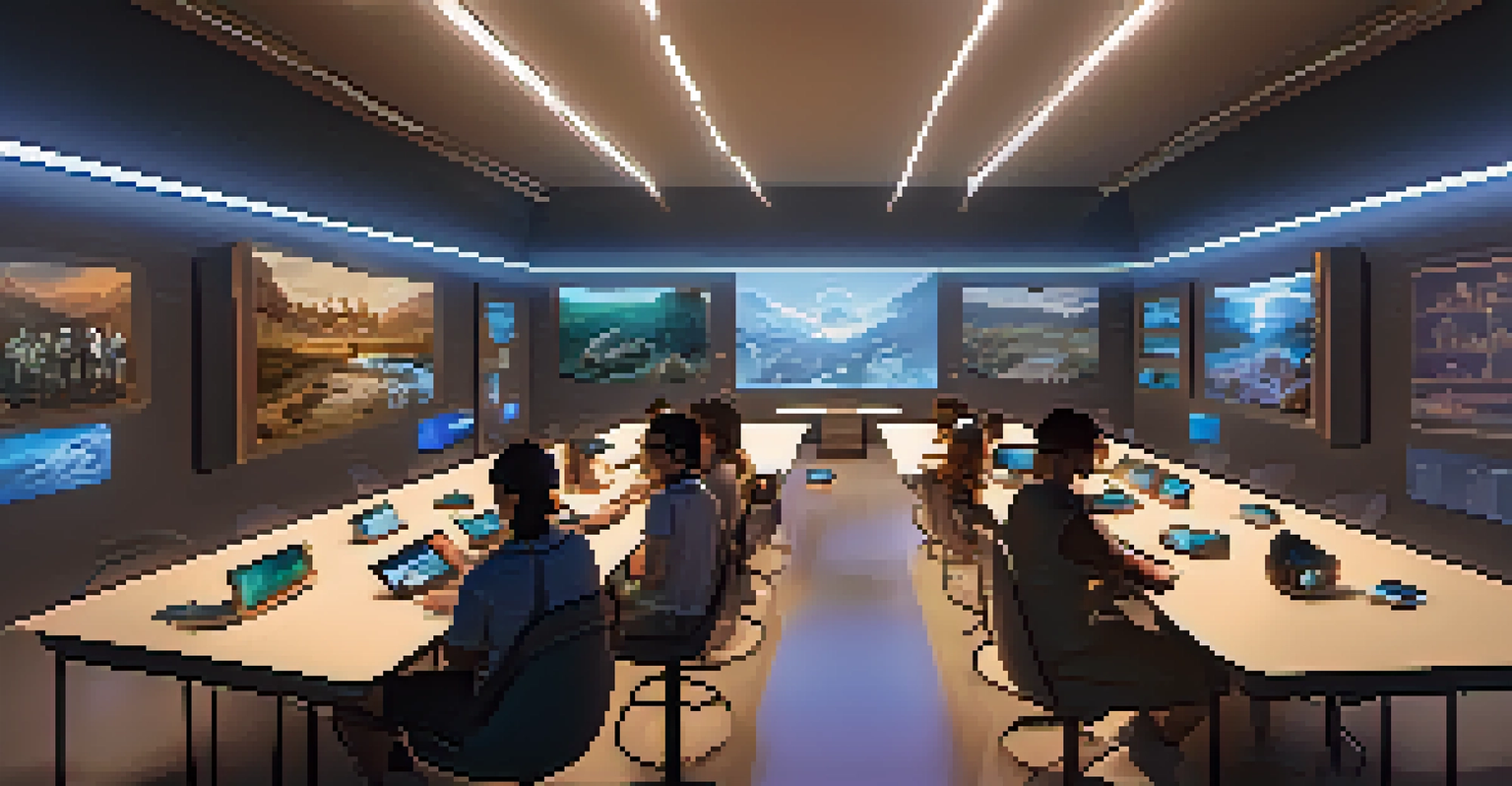 Students wearing virtual reality headsets in a modern classroom, exploring ancient civilizations with holographic displays.