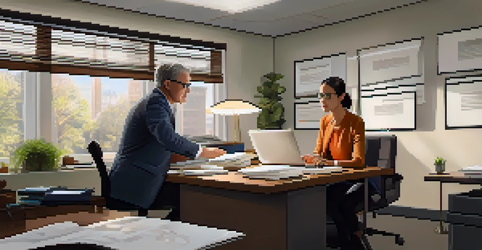 A middle-aged mentor helping a young woman in an office setting, with warm lighting and a collaborative atmosphere.