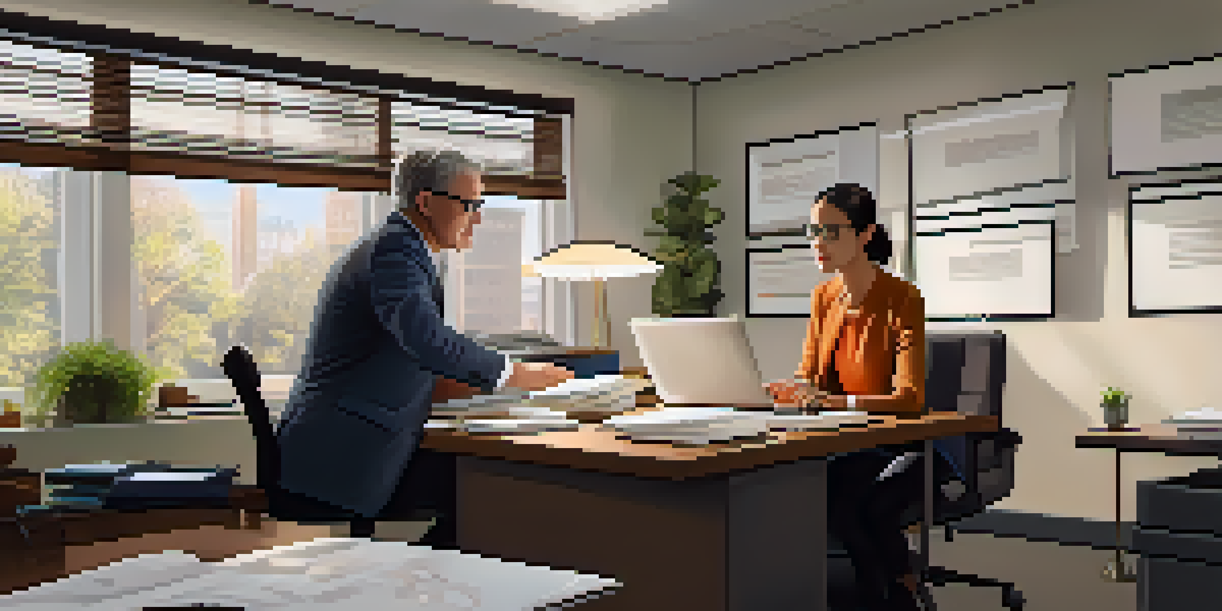 A middle-aged mentor helping a young woman in an office setting, with warm lighting and a collaborative atmosphere.