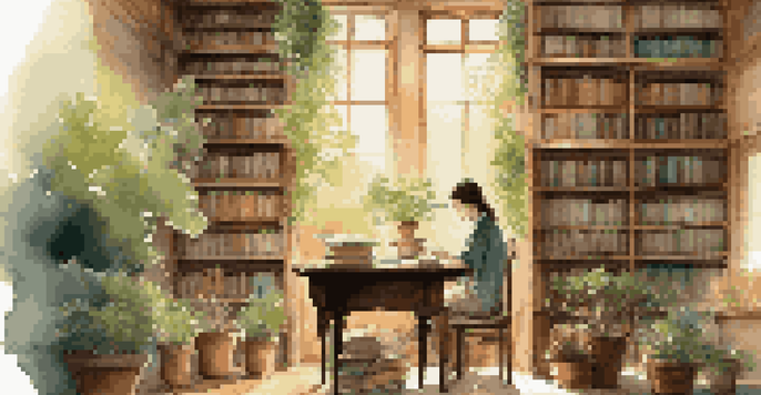 A cozy library with warm wooden shelves filled with books, sunlight streaming in, and a person reading at a table with plants and a cup of tea.